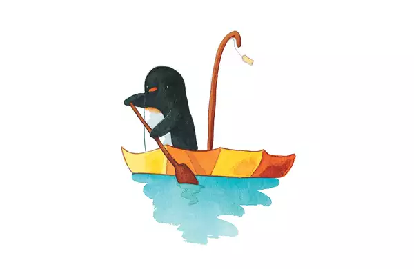 An illustration from Lost and Found by Oliver Jeffers of a penguin in an umbrella