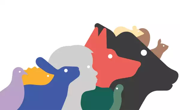 An illustration showing a group of animals in profile - a pigeon, hedgehog, rabbit, human child, tortoise, dog, cow, mouse and a squirrel.