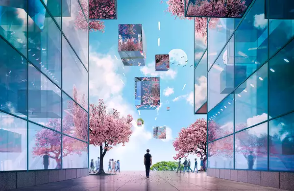 A futuristic cityscape with cherry blossom trees and people walking in the backgroud