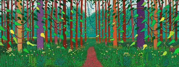 David Hockney's 'The Arrival of Spring in Woldgate' – a painting of the woods, with a path going through the middle.