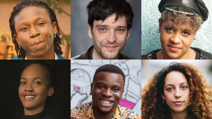 Headshots of the Factory Fellows: (top row L–R) Christian Asare, Elliot Hughes, Linda Devo; (bottom row L–R) Shemel Rose-Thompson, Sonny Nwachukwu, Stefanie Reynolds.