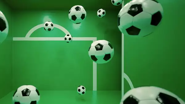 Multiple floating soccer balls inside a green room with white goalpost markings on the walls. The perspective and reflections create an illusion of depth, making it appear as if the balls are suspended in mid-air.