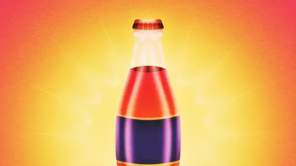 An illustration of a fizzy drink on a yellow and orange gradient background