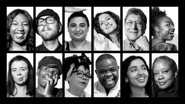 Black and white portraits of 12 people