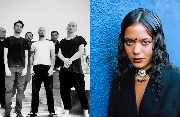 Black and white photo of 6 members of Jaubi next to photo of Tara Lily with a blue background