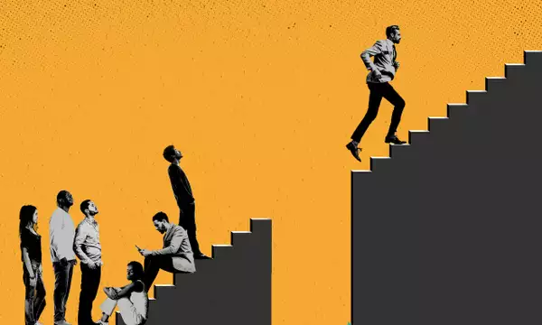 A group of people cannot climb a staircase because of missing steps while one man climbs ahead of them