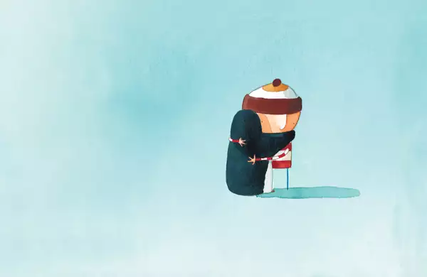 Illustration of a boy and penguin hugging by Oliver Jeffers