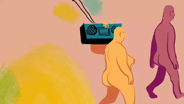 An illustration by Eleanor Davis showing two nude characters walking to the right of the frame. The character on the left holds a boombox on their shoulder.