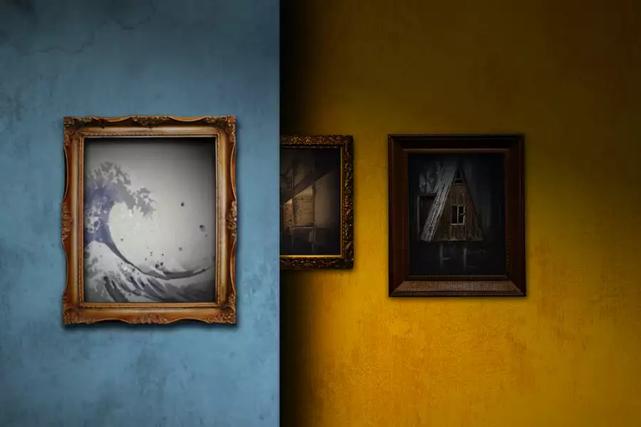 The image is divided into two contrasting halves: the left side has a blue wall with a framed artwork of a stylised wave, while the right side features a yellow wall with framed pictures, including one of an abandoned house.