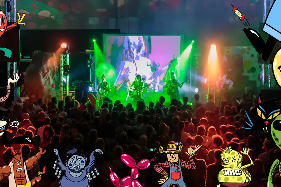 A lively concert scene with a green-lit stage and a band performing in front of a large crowd is overlaid with colourful, cartoon-style characters including a witch, alien and balloon animal.