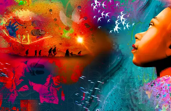 Illustration of Little Amal gazing at collage of maps, birds, footsteps and a silhouette of a family walking along a landscape