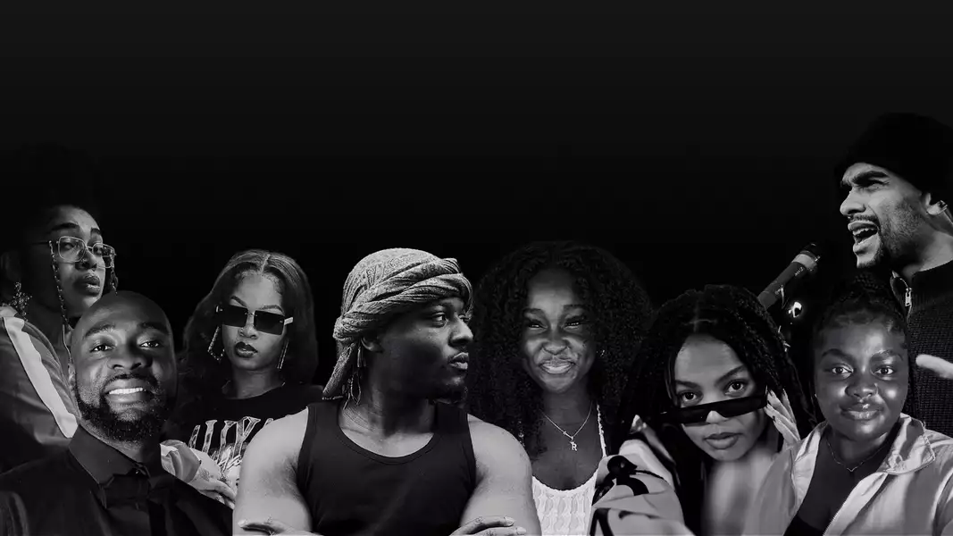 Black and white collage of the eight performers on a black background