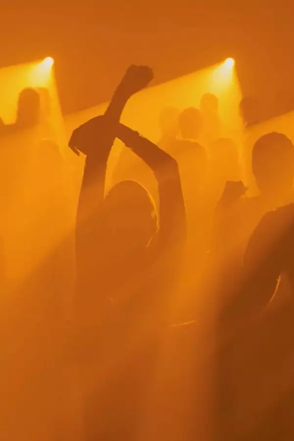 A crowd silhouetted dancing at an event bathed in orange light