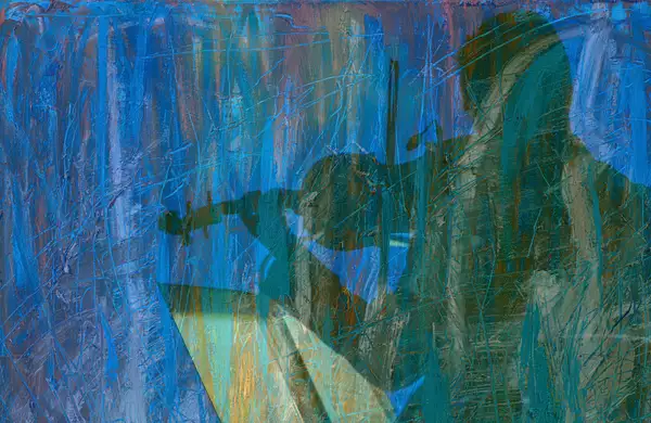 Abstract painting of a violinist in blue tones.