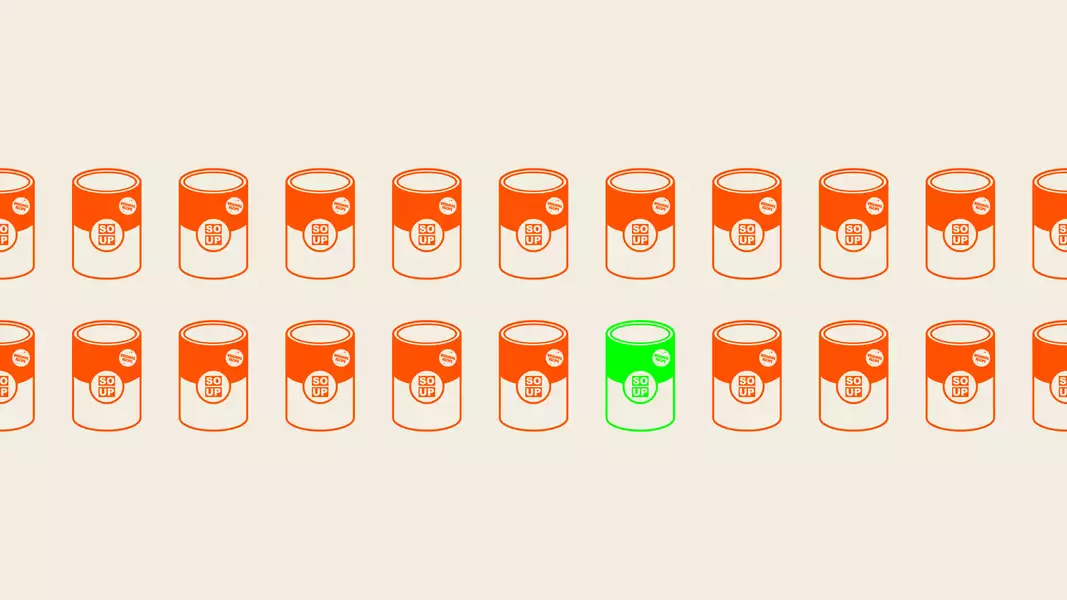 An illustration of a series of identical orange cans with labels, lined up in two rows. Among the cans, one stands out as it is highlighted in bright green.